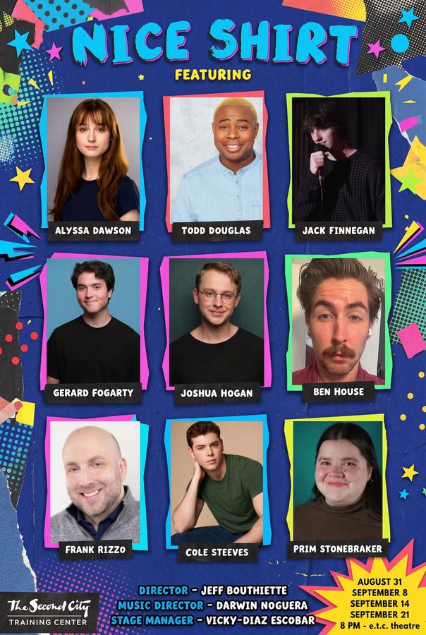 NICE SHIRT poster, tall: the nine cast members with the creative team and show dates